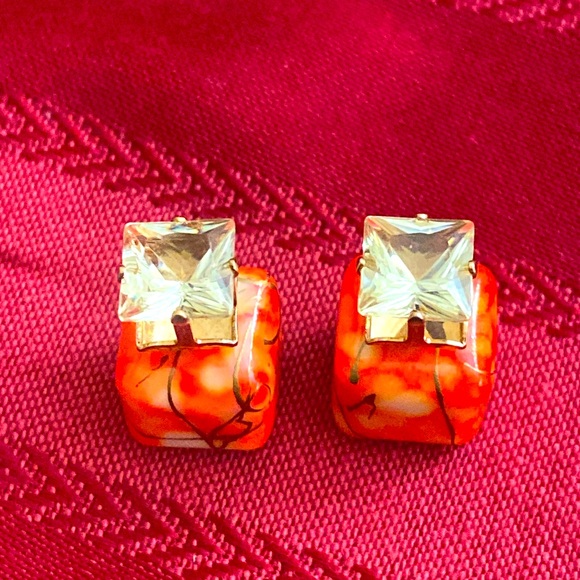 5/$10❤️❤️❤️VTG 90s Reversible Earrings Yellow Crystal Orange Glass Cube So fun! - Picture 1 of 5
